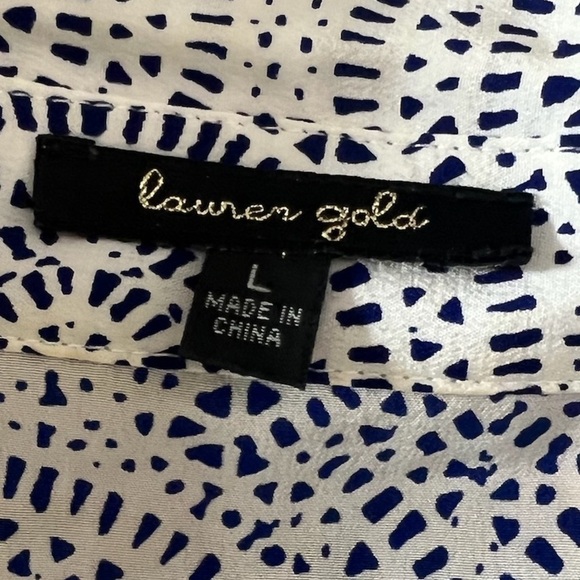 Lauren Gold 100% Silk White Button Down Shirt Dress Blue Geometric Print Size L - Picture 5 of 10